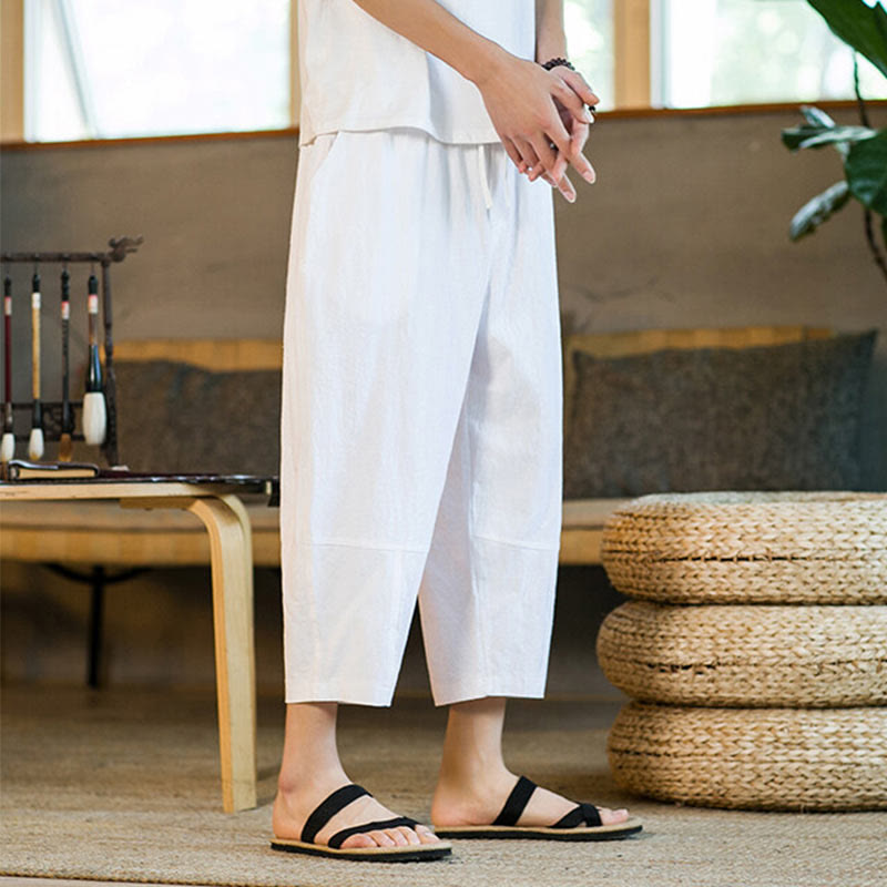 Buddha Stones Proste wzornictwo Ściągacz Bawełna Len Męskie Jednokolorowe Spodnie Harem Z Kieszeniami - image 25