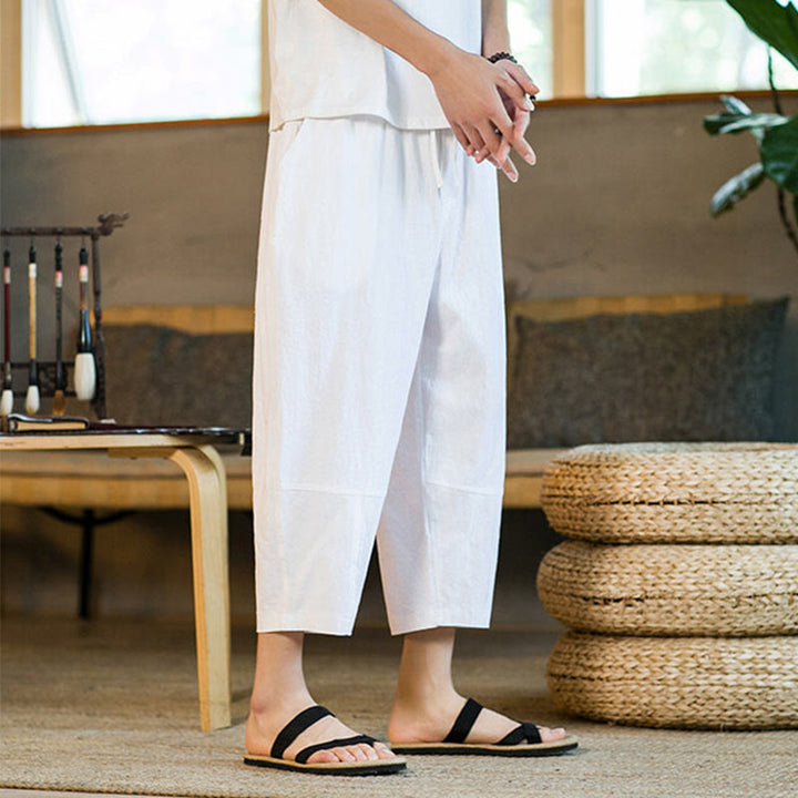 Buddha Stones Proste wzornictwo Ściągacz Bawełna Len Męskie Jednokolorowe Spodnie Harem Z Kieszeniami - image 25