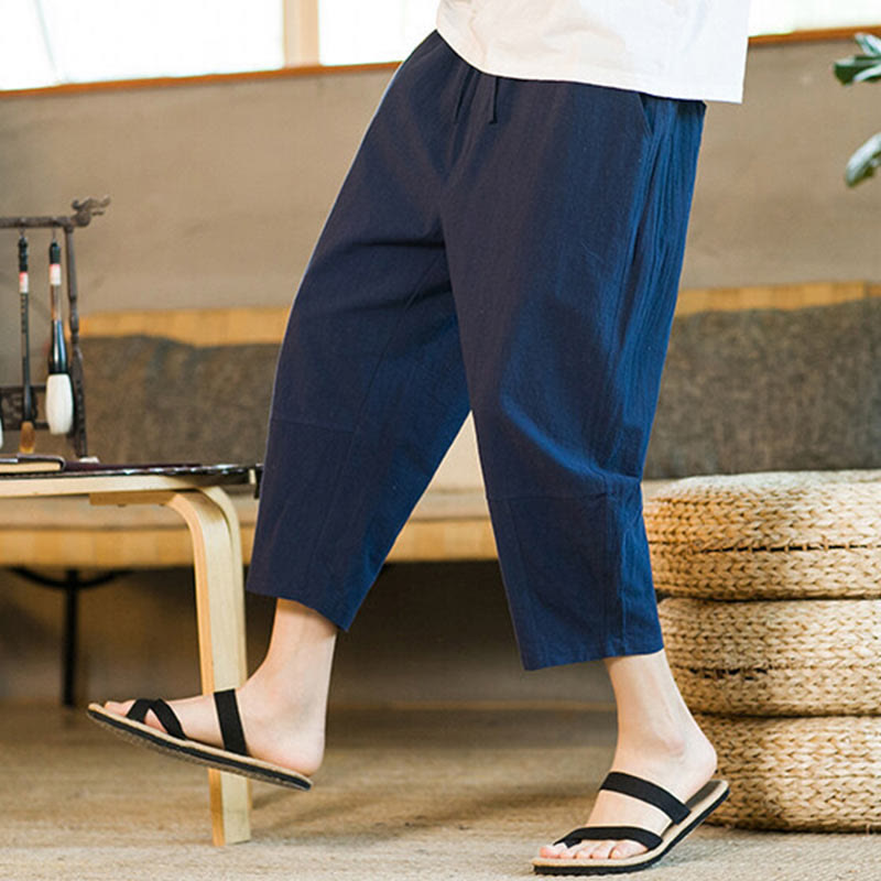 Buddha Stones Proste wzornictwo Ściągacz Bawełna Len Męskie Jednokolorowe Spodnie Harem Z Kieszeniami - image 34