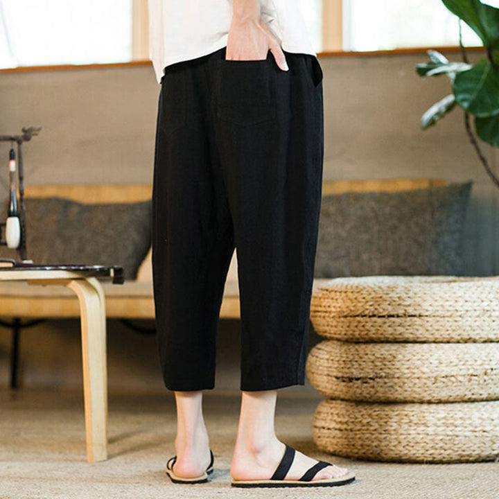 Buddha Stones Proste wzornictwo Ściągacz Bawełna Len Męskie Jednokolorowe Spodnie Harem Z Kieszeniami - image 11