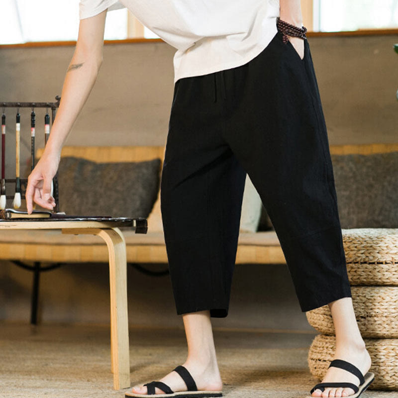 Buddha Stones Proste wzornictwo Ściągacz Bawełna Len Męskie Jednokolorowe Spodnie Harem Z Kieszeniami - image 12