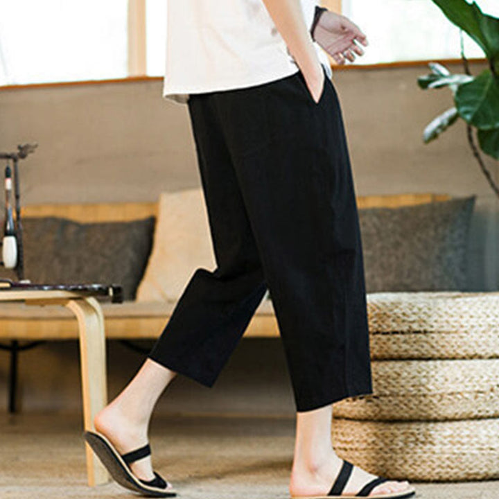 Buddha Stones Proste wzornictwo Ściągacz Bawełna Len Męskie Jednokolorowe Spodnie Harem Z Kieszeniami - image 14