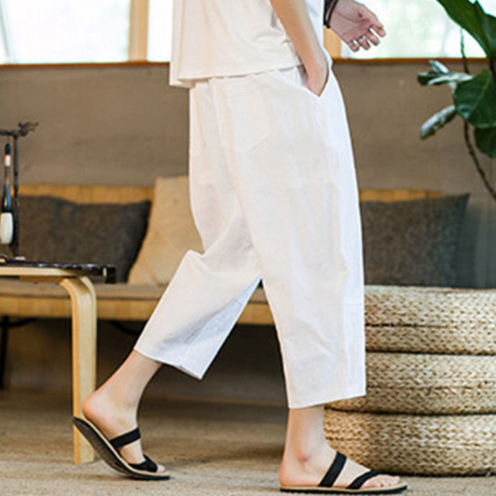 Buddha Stones Proste wzornictwo Ściągacz Bawełna Len Męskie Jednokolorowe Spodnie Harem Z Kieszeniami - image 24