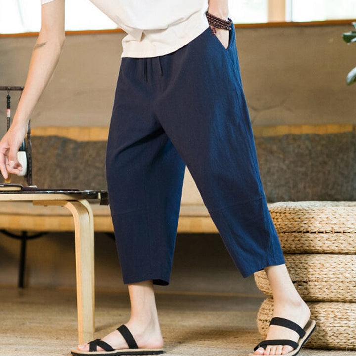 Buddha Stones Proste wzornictwo Ściągacz Bawełna Len Męskie Jednokolorowe Spodnie Harem Z Kieszeniami - image 35