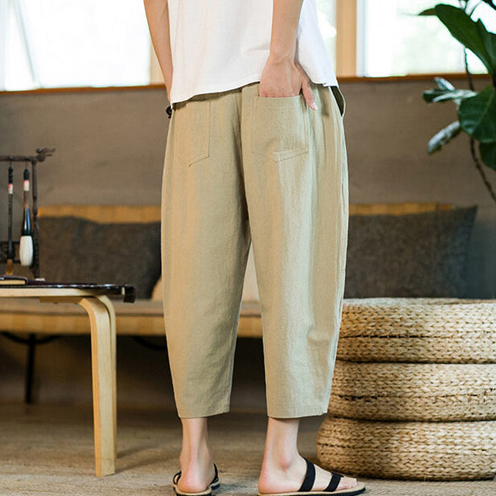 Buddha Stones Proste wzornictwo Ściągacz Bawełna Len Męskie Jednokolorowe Spodnie Harem Z Kieszeniami - image 3