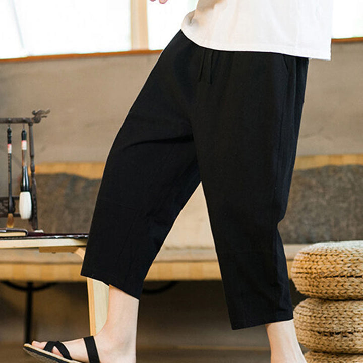 Buddha Stones Proste wzornictwo Ściągacz Bawełna Len Męskie Jednokolorowe Spodnie Harem Z Kieszeniami - image 16