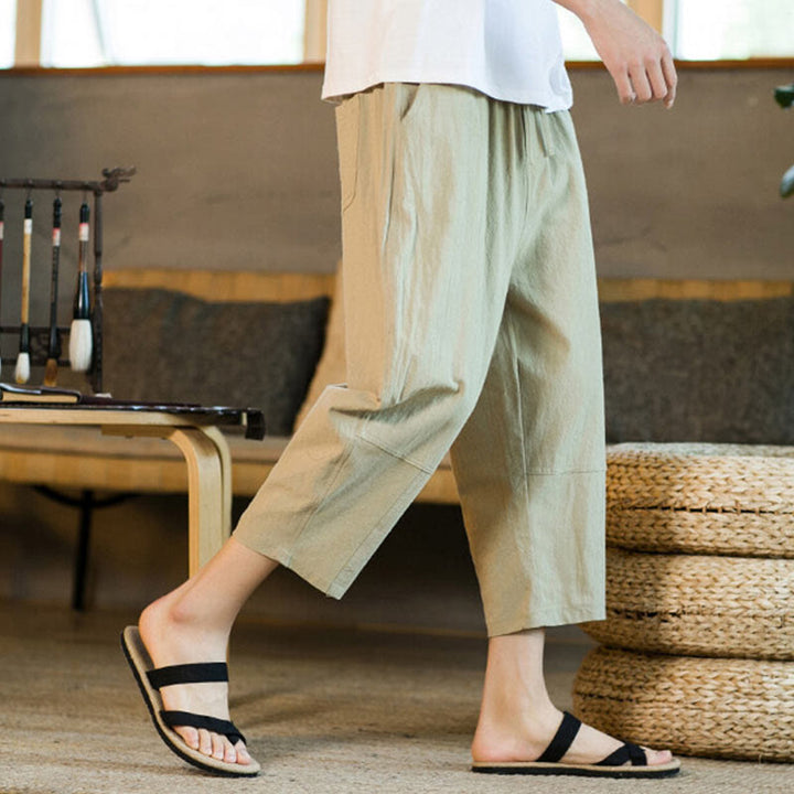 Buddha Stones Proste wzornictwo Ściągacz Bawełna Len Męskie Jednokolorowe Spodnie Harem Z Kieszeniami - image 4