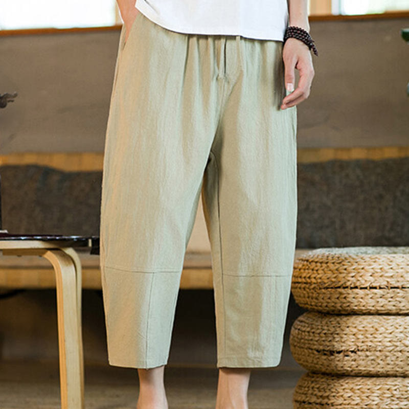 Buddha Stones Proste wzornictwo Ściągacz Bawełna Len Męskie Jednokolorowe Spodnie Harem Z Kieszeniami - Blada nawłoć - US/UK/AU46， EU56 (5XL) - image 0