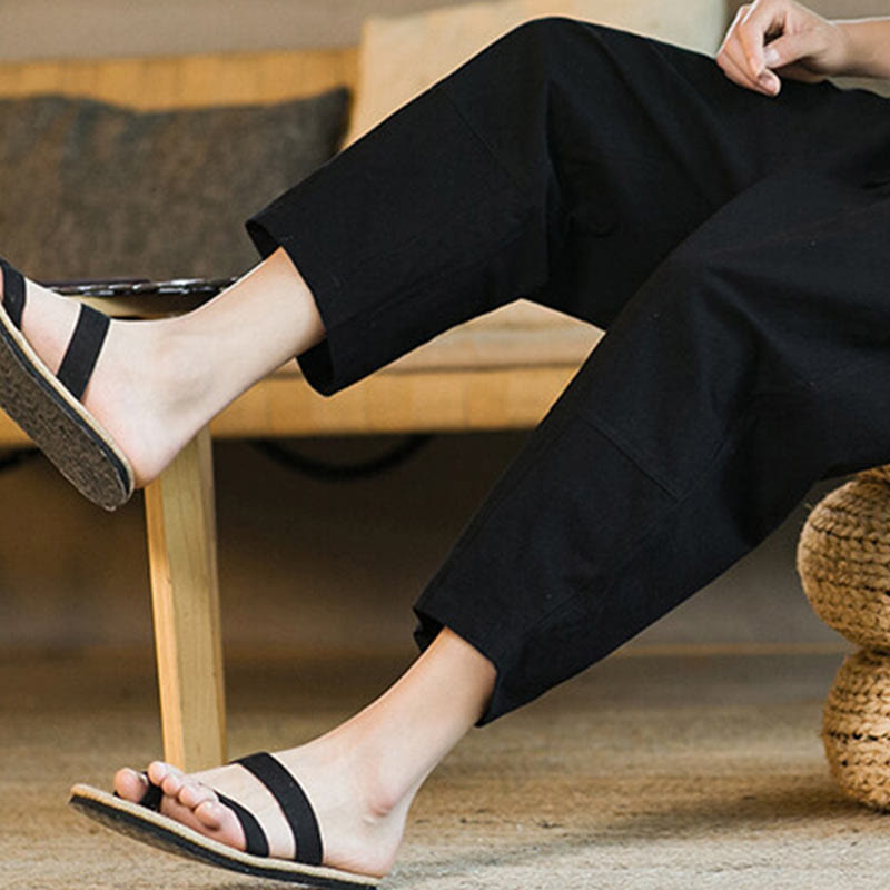 Buddha Stones Proste wzornictwo Ściągacz Bawełna Len Męskie Jednokolorowe Spodnie Harem Z Kieszeniami - image 17