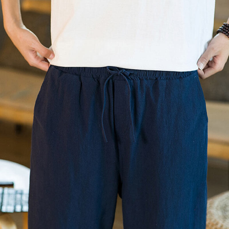 Buddha Stones Proste wzornictwo Ściągacz Bawełna Len Męskie Jednokolorowe Spodnie Harem Z Kieszeniami - image 37