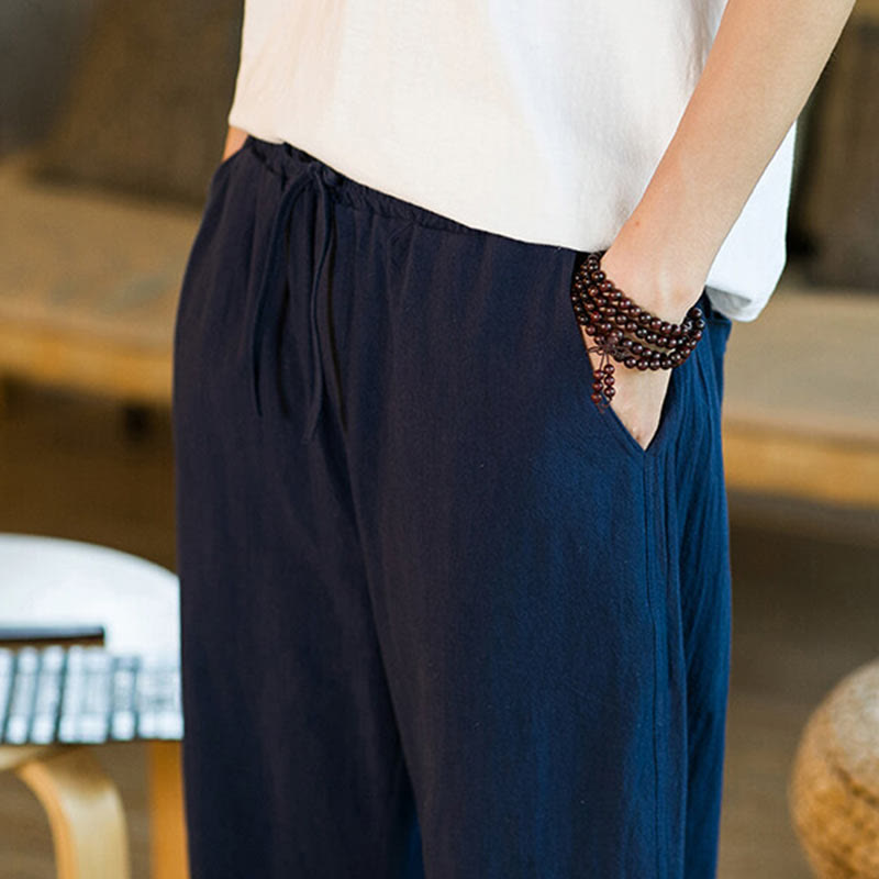 Buddha Stones Proste wzornictwo Ściągacz Bawełna Len Męskie Jednokolorowe Spodnie Harem Z Kieszeniami - image 36