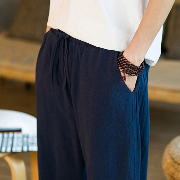 Buddha Stones Proste wzornictwo Ściągacz Bawełna Len Męskie Jednokolorowe Spodnie Harem Z Kieszeniami - image 36