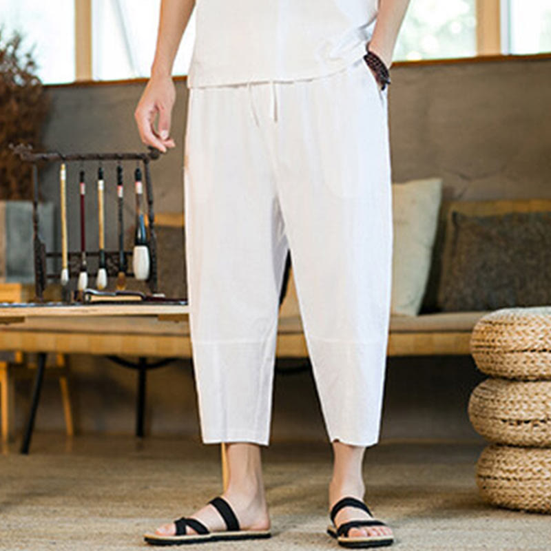 Buddha Stones Proste wzornictwo Ściągacz Bawełna Len Męskie Jednokolorowe Spodnie Harem Z Kieszeniami - image 22