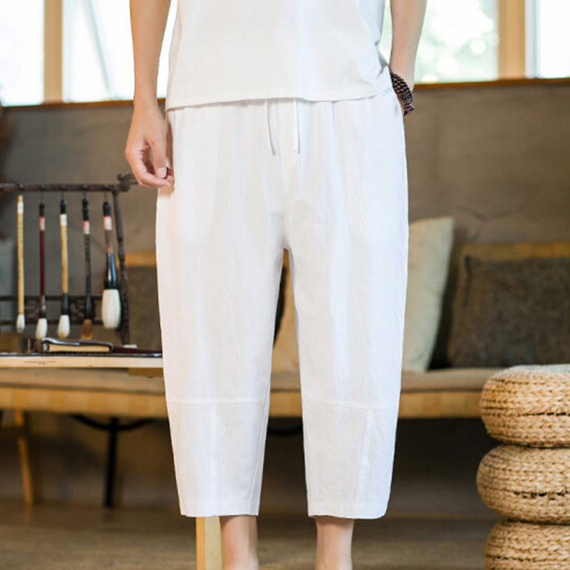 Buddha Stones Proste wzornictwo Ściągacz Bawełna Len Męskie Jednokolorowe Spodnie Harem Z Kieszeniami - Biały - US/UK/AU46， EU56 (5XL) - image 19