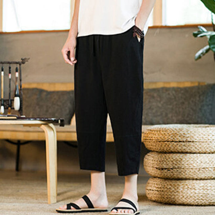 Buddha Stones Proste wzornictwo Ściągacz Bawełna Len Męskie Jednokolorowe Spodnie Harem Z Kieszeniami - image 10
