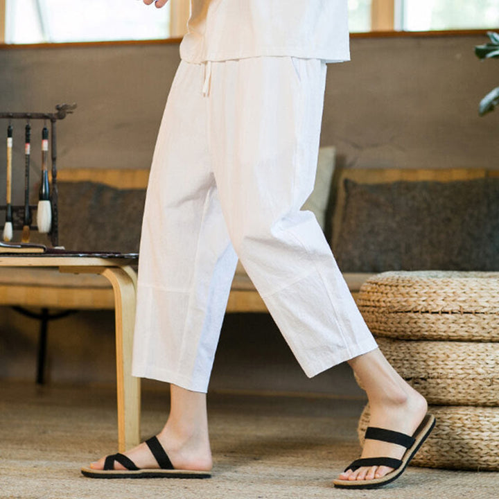 Buddha Stones Proste wzornictwo Ściągacz Bawełna Len Męskie Jednokolorowe Spodnie Harem Z Kieszeniami - image 27