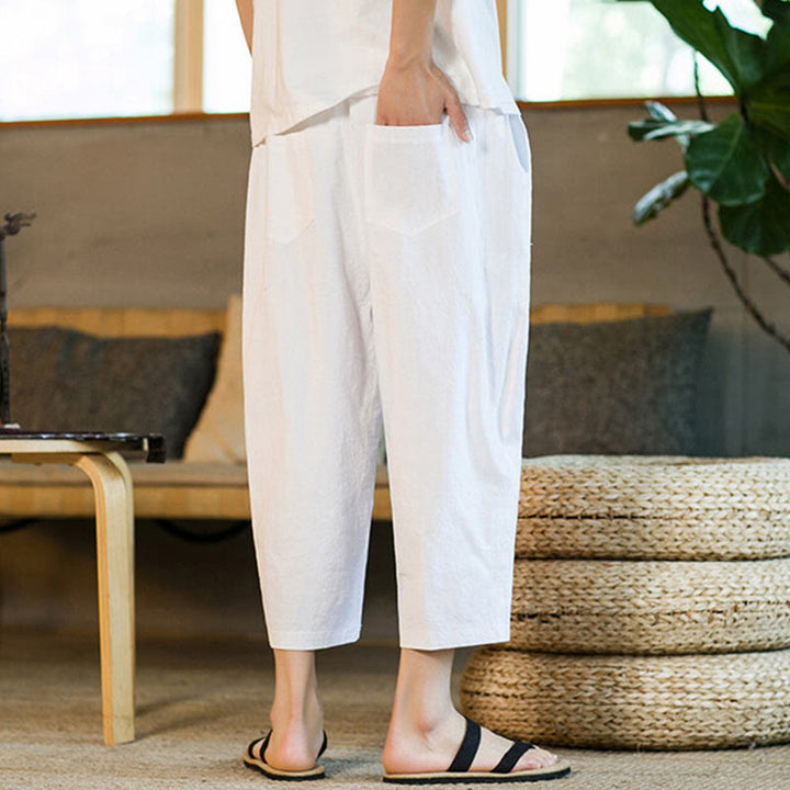 Buddha Stones Proste wzornictwo Ściągacz Bawełna Len Męskie Jednokolorowe Spodnie Harem Z Kieszeniami - image 23