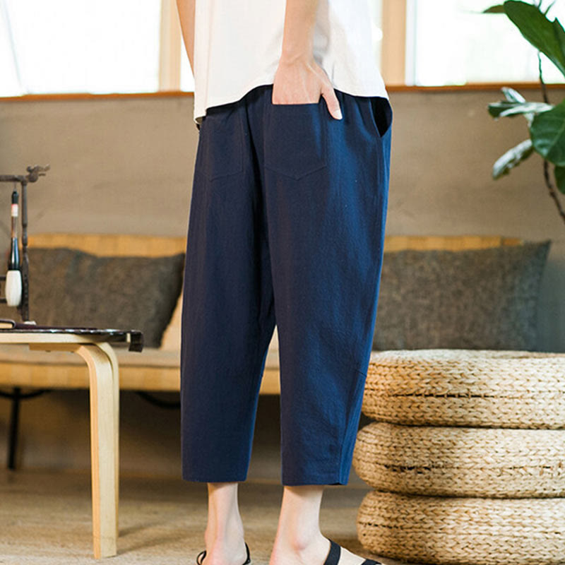 Buddha Stones Proste wzornictwo Ściągacz Bawełna Len Męskie Jednokolorowe Spodnie Harem Z Kieszeniami - image 31