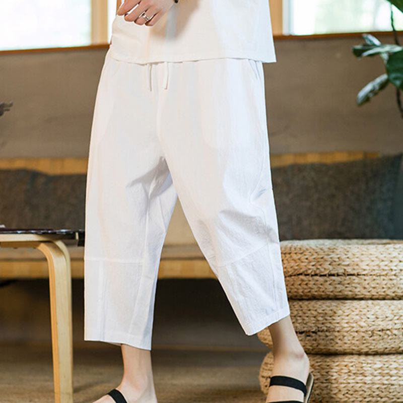 Buddha Stones Proste wzornictwo Ściągacz Bawełna Len Męskie Jednokolorowe Spodnie Harem Z Kieszeniami - image 21