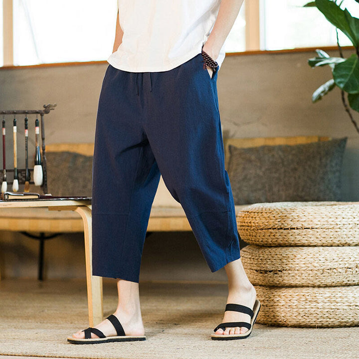 Buddha Stones Proste wzornictwo Ściągacz Bawełna Len Męskie Jednokolorowe Spodnie Harem Z Kieszeniami - image 33