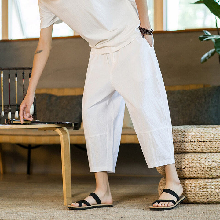 Buddha Stones Proste wzornictwo Ściągacz Bawełna Len Męskie Jednokolorowe Spodnie Harem Z Kieszeniami - image 26