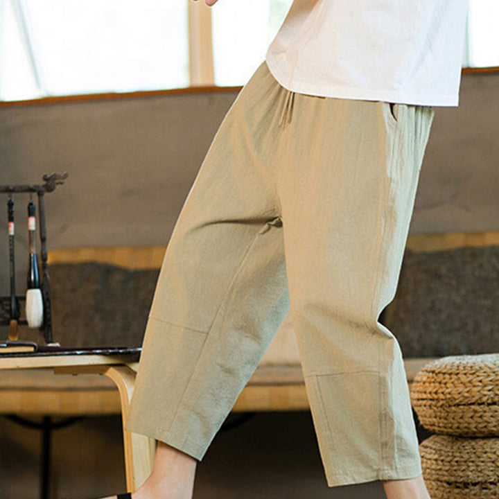 Buddha Stones Proste wzornictwo Ściągacz Bawełna Len Męskie Jednokolorowe Spodnie Harem Z Kieszeniami - image 7