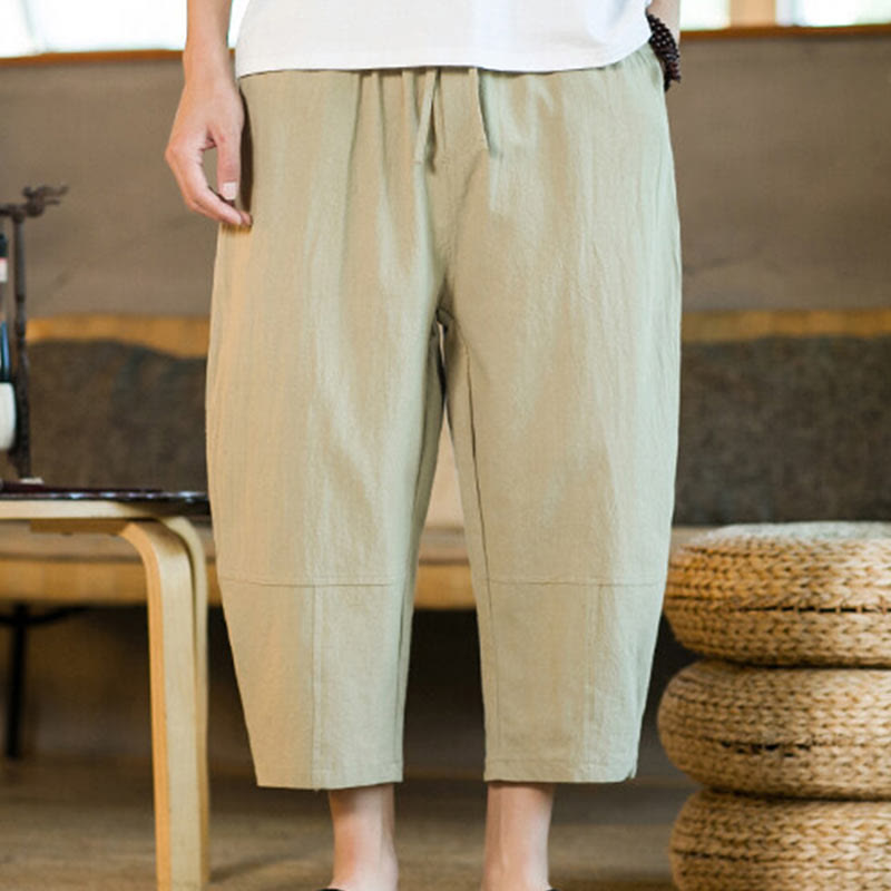 Buddha Stones Proste wzornictwo Ściągacz Bawełna Len Męskie Jednokolorowe Spodnie Harem Z Kieszeniami - image 5