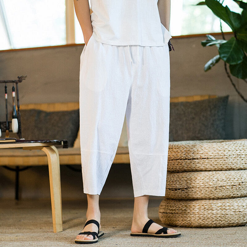 Buddha Stones Proste wzornictwo Ściągacz Bawełna Len Męskie Jednokolorowe Spodnie Harem Z Kieszeniami - image 20