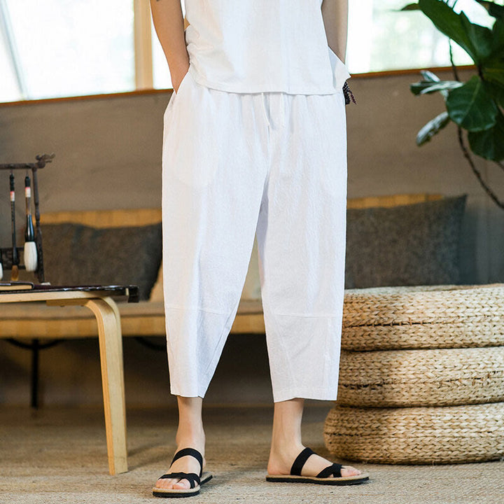 Buddha Stones Proste wzornictwo Ściągacz Bawełna Len Męskie Jednokolorowe Spodnie Harem Z Kieszeniami - image 20