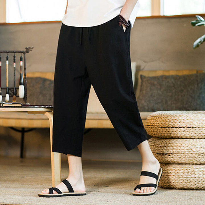 Buddha Stones Proste wzornictwo Ściągacz Bawełna Len Męskie Jednokolorowe Spodnie Harem Z Kieszeniami - image 15