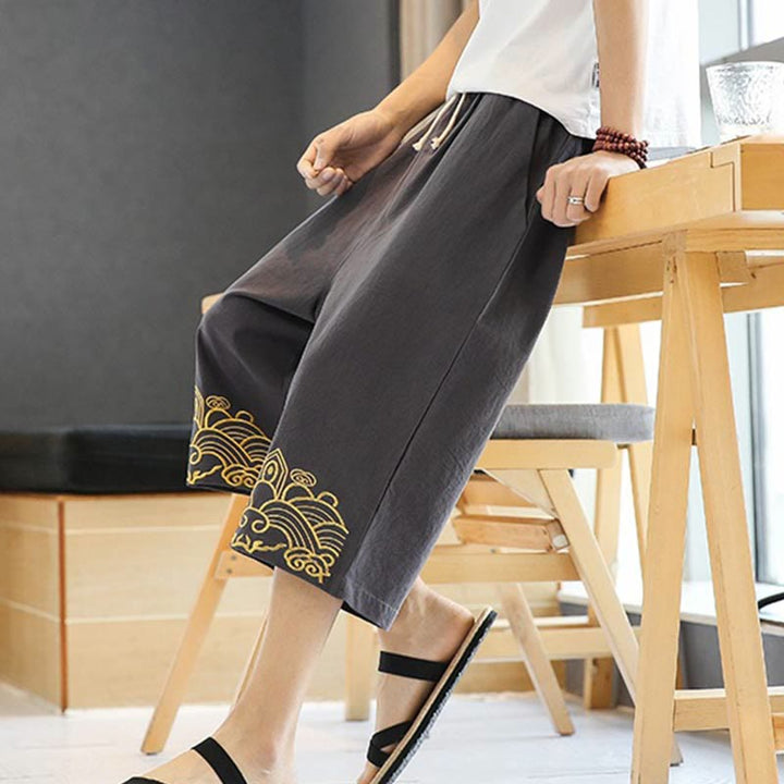 Buddha Stones Wiosna Casual Haft Ściągacz Męskie Spodnie Harem Bawełna Lniane 7-8 Długość Z Kieszeniami - image 20