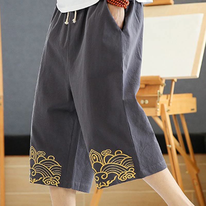 Buddha Stones Wiosna Casual Haft Ściągacz Męskie Spodnie Harem Bawełna Lniane 7-8 Długość Z Kieszeniami - image 9