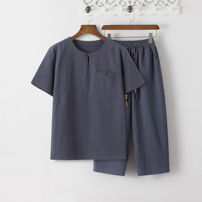 Letnia koszulka z krótkim rękawem i gładkimi Buddha Stones , 2 sztuki, spodnie o długości 7-8, bawełniano-lniany strój Tang, męski zestaw ubrań do medytacji z kieszeniami - Koszulka SlateGray i spodnie SlateGray - US/UK/AU46， EU56 (5XL) - image 1