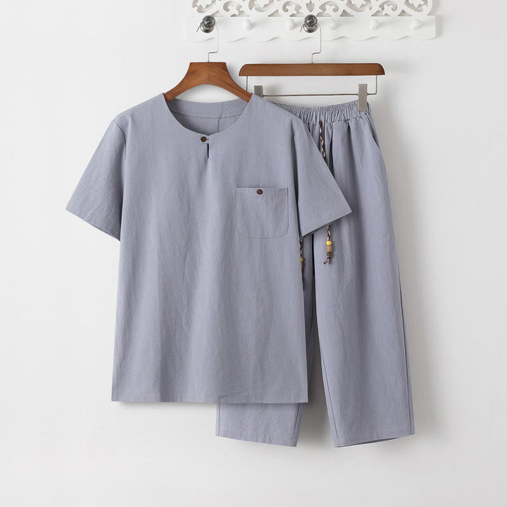 Letnia koszulka z krótkim rękawem i gładkimi Buddha Stones , 2 sztuki, spodnie o długości 7-8, bawełniano-lniany strój Tang, męski zestaw ubrań do medytacji z kieszeniami - Koszulka LightSteelBlue i spodnie LightSteelBlue - US/UK/AU46， EU56 (5XL) - image 10