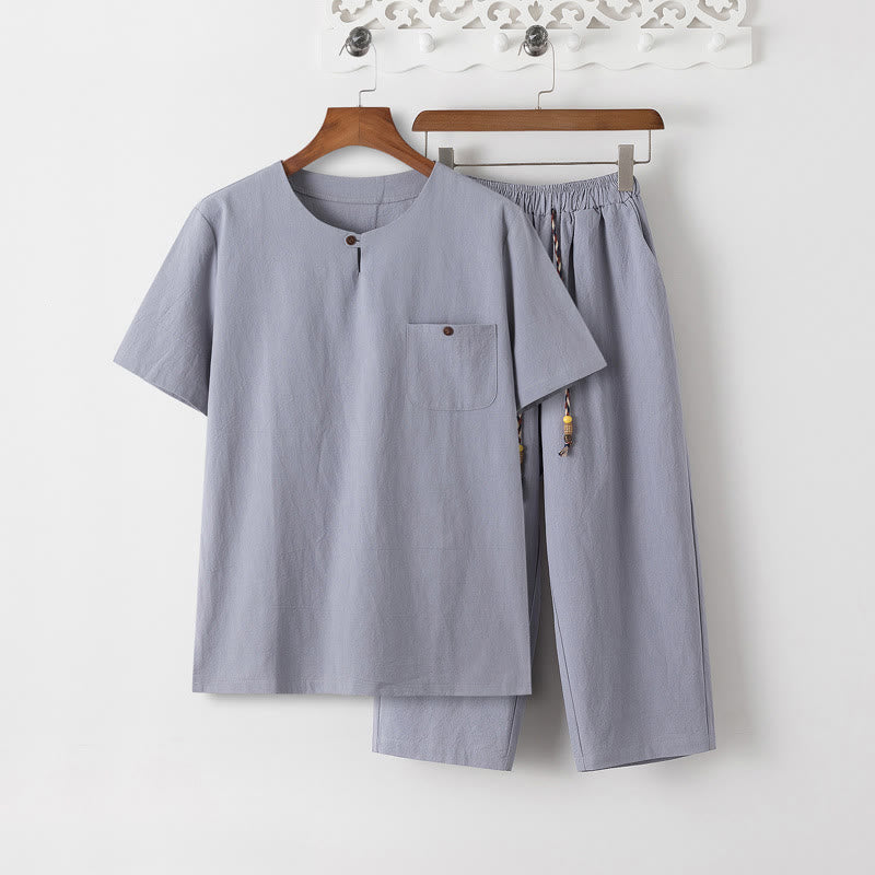 Letnia koszulka z krótkim rękawem i gładkimi Buddha Stones , 2 sztuki, spodnie o długości 7-8, bawełniano-lniany strój Tang, męski zestaw ubrań do medytacji z kieszeniami - Koszulka LightSteelBlue i spodnie LightSteelBlue - US/UK/AU46， EU56 (5XL) - image 10