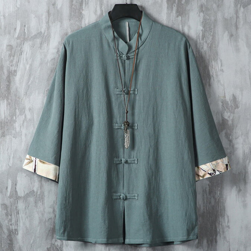 Koszula męska z krótkim rękawem, bawełniana, lniana, z guzikami w kształcie żaby, z motywem Buddha Stones , letnia, patchworkowa - CadetBlue - US/UK/AU46， EU56 (5XL) - image 0