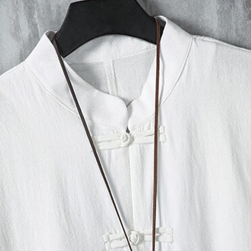 Koszula męska z krótkim rękawem, bawełniana, lniana, z guzikami w kształcie żaby, z motywem Buddha Stones , letnia, patchworkowa - image 4