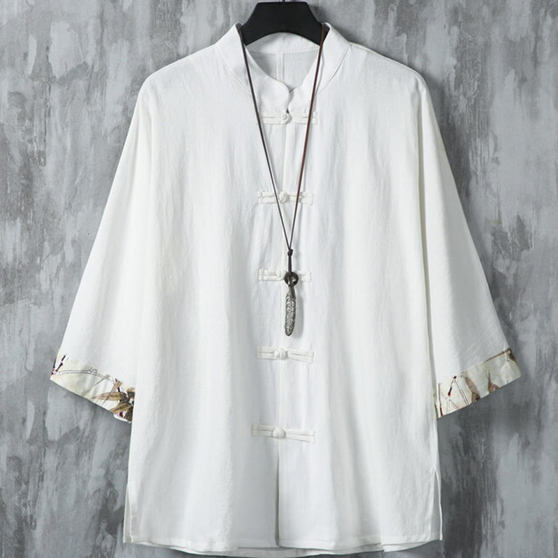 Koszula męska z krótkim rękawem, bawełniana, lniana, z guzikami w kształcie żaby, z motywem Buddha Stones , letnia, patchworkowa - Biały - US/UK/AU46， EU56 (5XL) - image 2