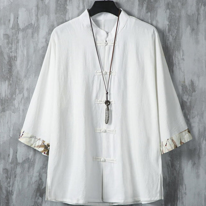 Koszula męska z krótkim rękawem, bawełniana, lniana, z guzikami w kształcie żaby, z motywem Buddha Stones , letnia, patchworkowa - Biały - US/UK/AU46， EU56 (5XL) - image 2