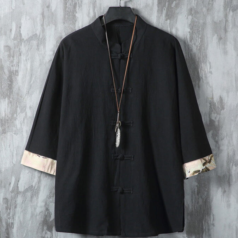 Koszula męska z krótkim rękawem, bawełniana, lniana, z guzikami w kształcie żaby, z motywem Buddha Stones , letnia, patchworkowa - Czarny - US/UK/AU46， EU56 (5XL) - image 1