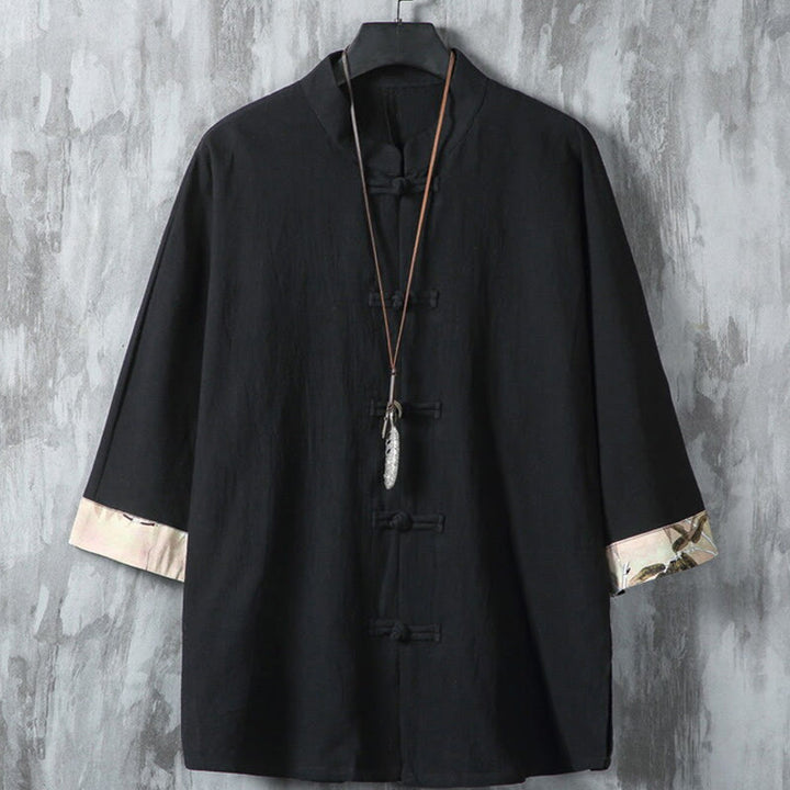 Koszula męska z krótkim rękawem, bawełniana, lniana, z guzikami w kształcie żaby, z motywem Buddha Stones , letnia, patchworkowa - Czarny - US/UK/AU46， EU56 (5XL) - image 1