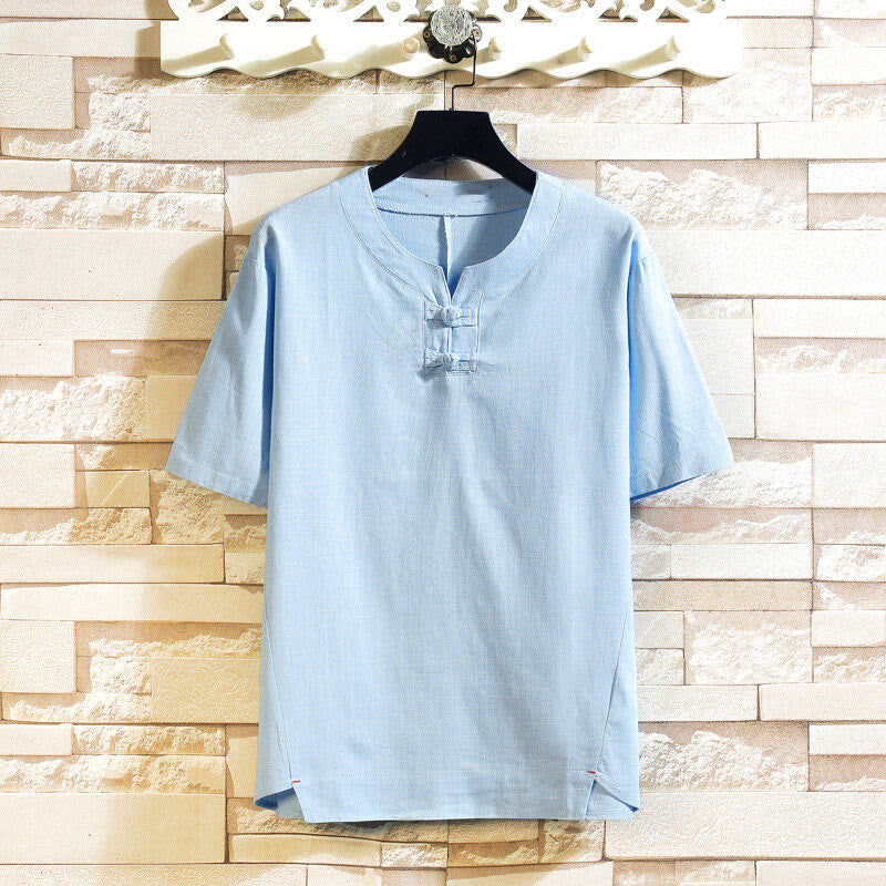 Koszula męska z krótkim rękawem z bawełny i lnu w jednolitym kolorze z nadrukiem „Buddha Stones Summer Chinese Frog-button” - LightSkyBlue - US/UK/AU46， EU56 (5XL) - image 0