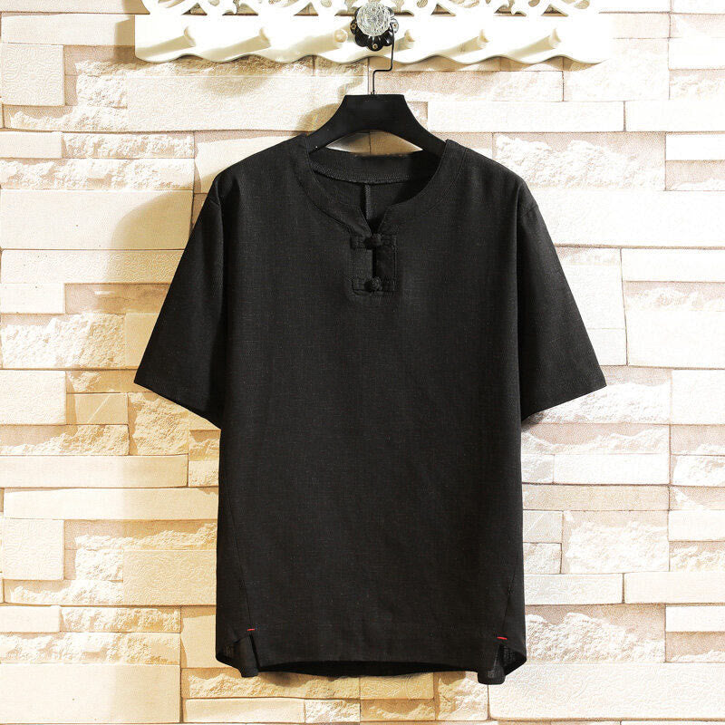 Koszula męska z krótkim rękawem z bawełny i lnu w jednolitym kolorze z nadrukiem „Buddha Stones Summer Chinese Frog-button” - Czarny - US/UK/AU46， EU56 (5XL) - image 1