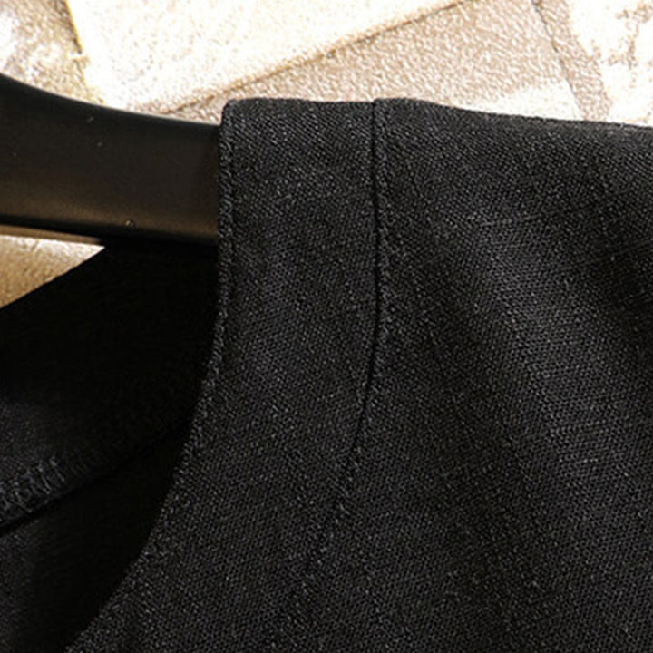 Koszula męska z krótkim rękawem z bawełny i lnu w jednolitym kolorze z nadrukiem „Buddha Stones Summer Chinese Frog-button” - image 3