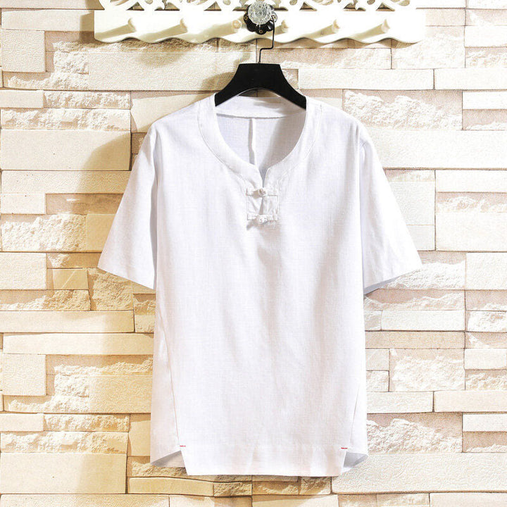 Koszula męska z krótkim rękawem z bawełny i lnu w jednolitym kolorze z nadrukiem „Buddha Stones Summer Chinese Frog-button” - Biały - US/UK/AU46， EU56 (5XL) - image 8