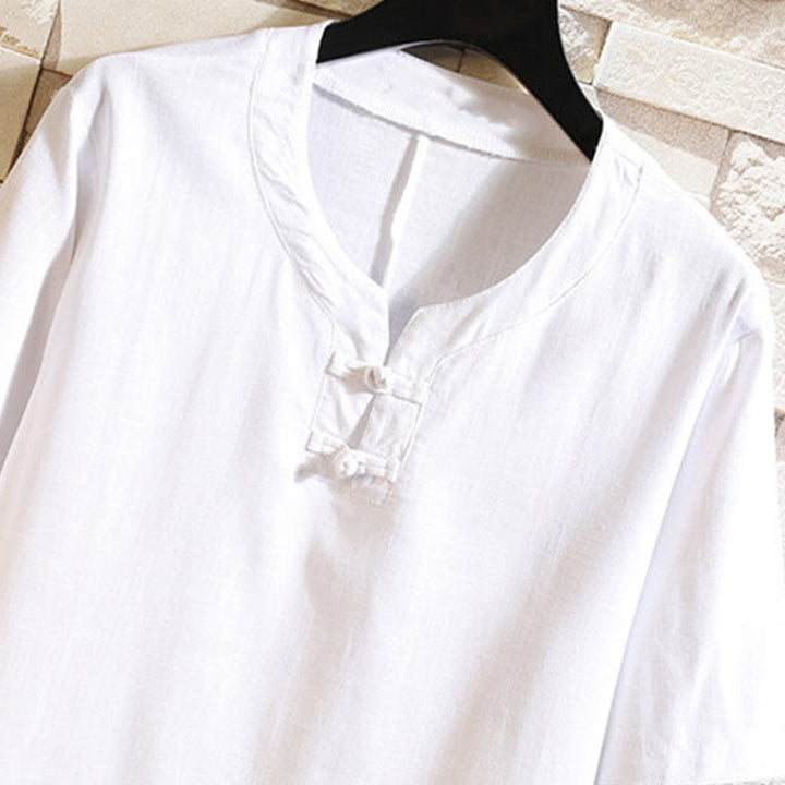 Koszula męska z krótkim rękawem z bawełny i lnu w jednolitym kolorze z nadrukiem „Buddha Stones Summer Chinese Frog-button” - image 9