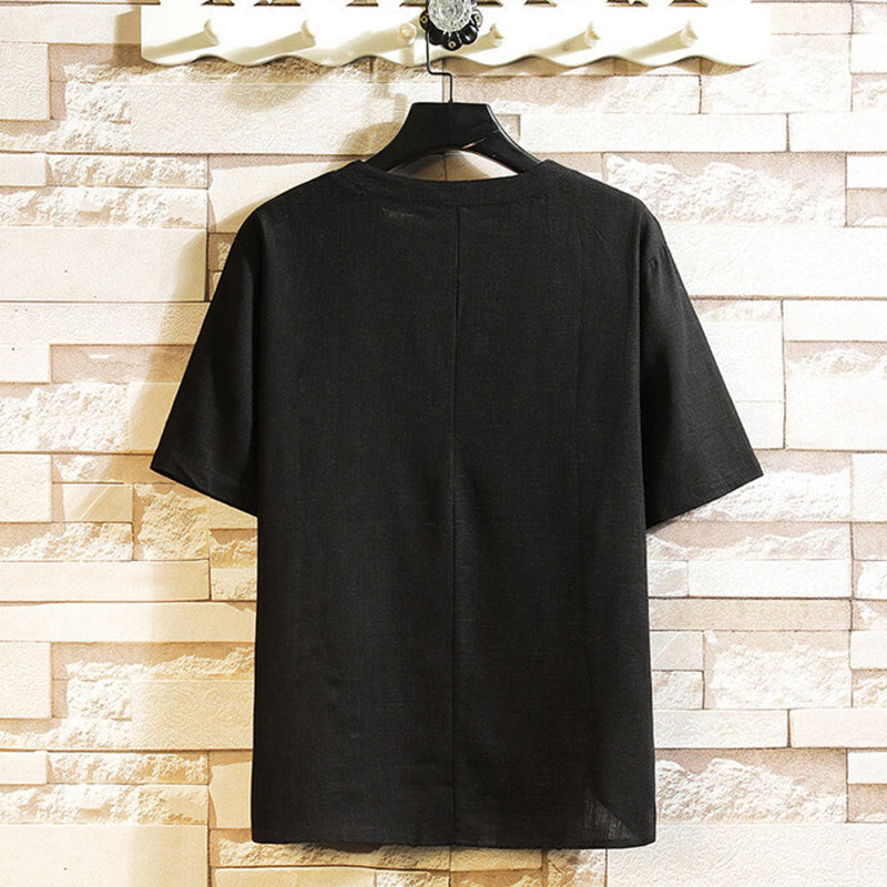 Koszula męska z krótkim rękawem z bawełny i lnu w jednolitym kolorze z nadrukiem „Buddha Stones Summer Chinese Frog-button” - image 2