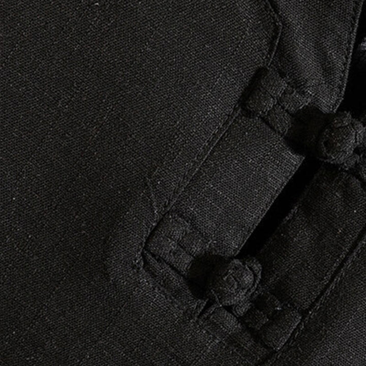 Koszula męska z krótkim rękawem z bawełny i lnu w jednolitym kolorze z nadrukiem „Buddha Stones Summer Chinese Frog-button” - image 4