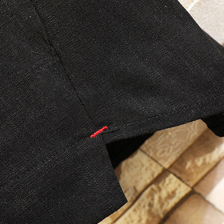 Koszula męska z krótkim rękawem z bawełny i lnu w jednolitym kolorze z nadrukiem „Buddha Stones Summer Chinese Frog-button” - image 5