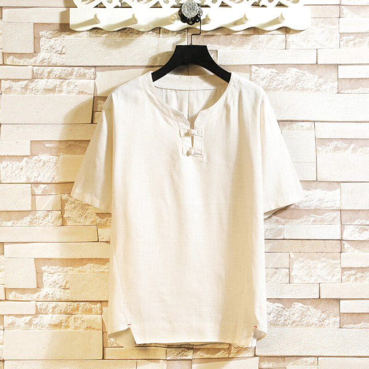 Koszula męska z krótkim rękawem z bawełny i lnu w jednolitym kolorze z nadrukiem „Buddha Stones Summer Chinese Frog-button” - Beżowy - US/UK/AU46， EU56 (5XL) - image 11